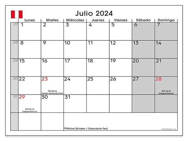 Calendario Perú para imprimir gratis de julio de 2024. Semana: De lunes a domingo.