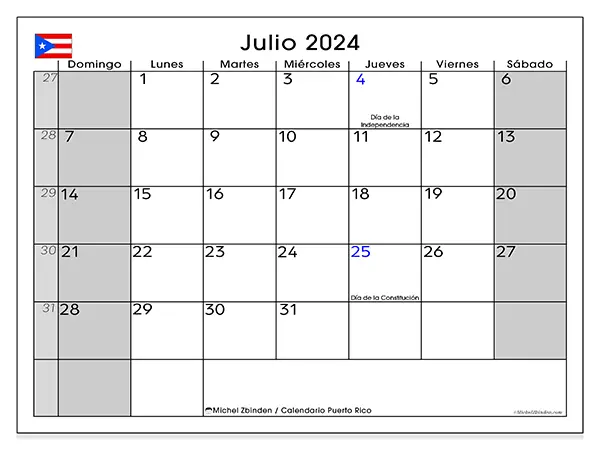 Calendario Puerto Rico para imprimir gratis de julio de 2024. Semana: De domingo a sábado.