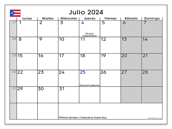 Calendario Puerto Rico para imprimir gratis de julio de 2024. Semana: De lunes a domingo.