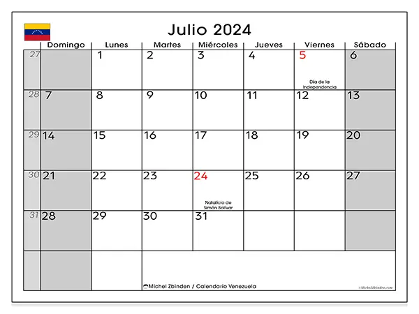 Calendario Venezuela para imprimir gratis de julio de 2024. Semana: De domingo a sábado.
