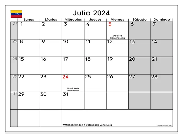 Calendario Venezuela para imprimir gratis de julio de 2024. Semana: De lunes a domingo.