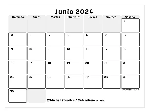 Calendario n.° 44 para junio de 2024 para imprimir gratis. Semana: De domingo a sábado.