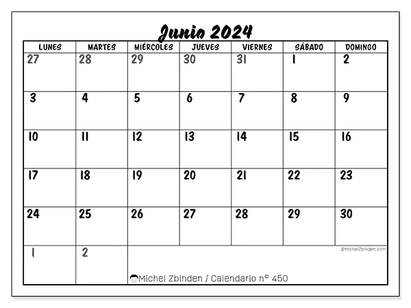 Calendario n.° 450 para imprimir gratis, junio 2025. Semana:  De lunes a domingo