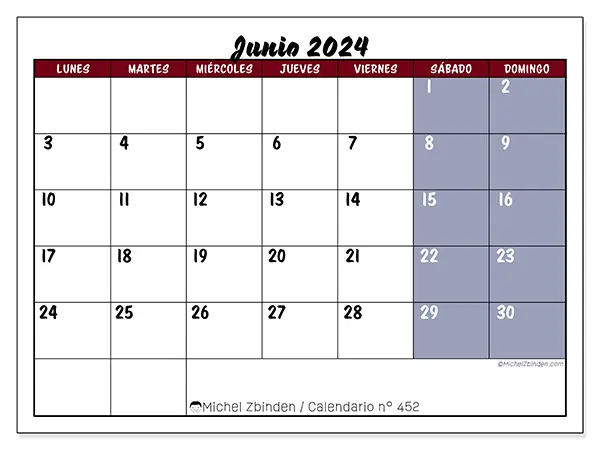 Calendario n.° 452 para imprimir gratis, junio 2025. Semana:  De lunes a domingo
