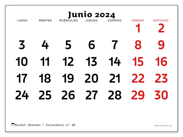 Calendario n.° 46 para imprimir gratis, junio 2025. Semana:  De lunes a domingo