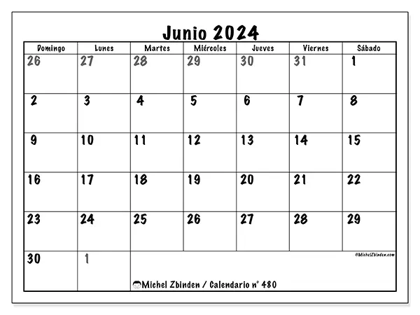Calendario n.° 480 para junio de 2024 para imprimir gratis. Semana: De domingo a sábado.