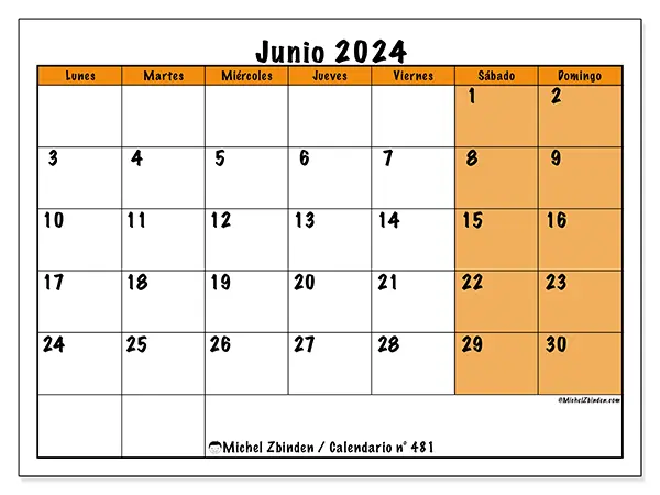 Calendario n.° 481 para imprimir gratis, junio 2025. Semana:  De lunes a domingo