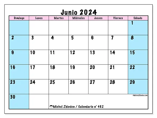 Calendario para imprimir n° 482, junio de 2024