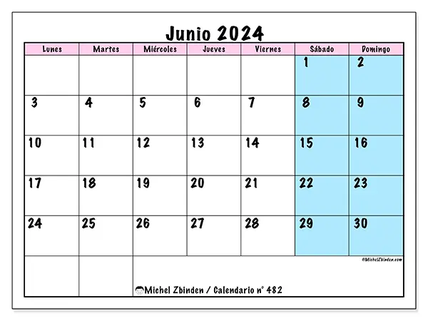 Calendario n.° 482 para junio de 2024 para imprimir gratis. Semana: De lunes a domingo.