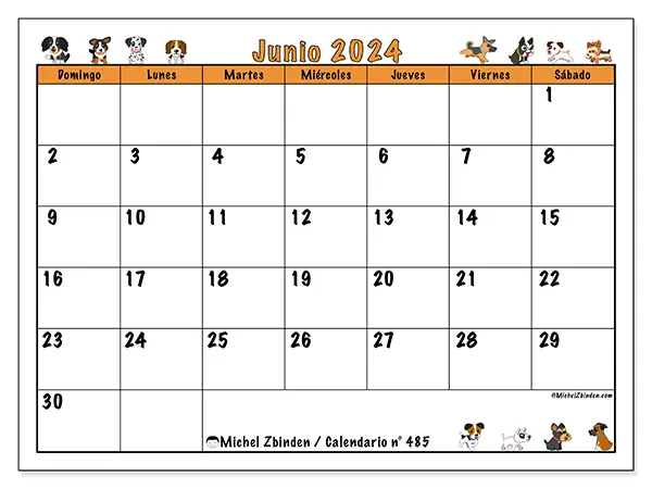 Calendario n.° 485 para junio de 2024 para imprimir gratis. Semana: De domingo a sábado.