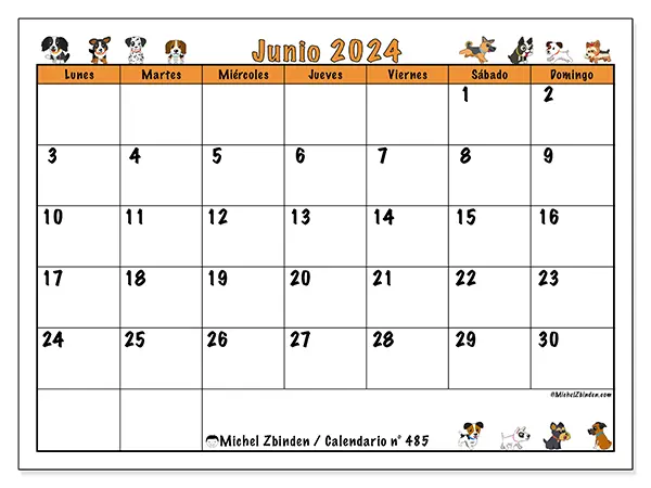 Calendario n.° 485 para junio de 2024 para imprimir gratis. Semana: De lunes a domingo.