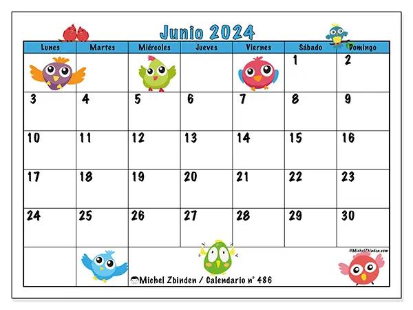 Calendario n.° 486 para junio de 2024 para imprimir gratis. Semana: De lunes a domingo.
