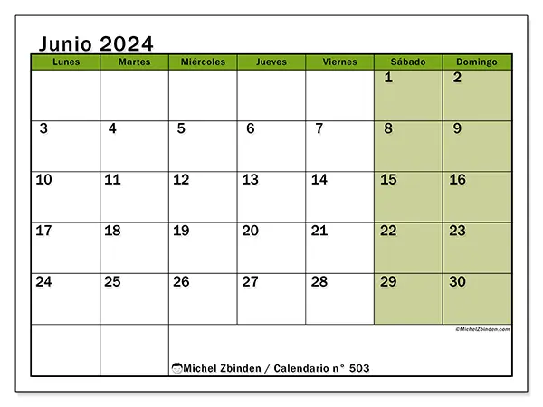 Calendario n.° 503 para imprimir gratis, junio 2025. Semana:  De lunes a domingo