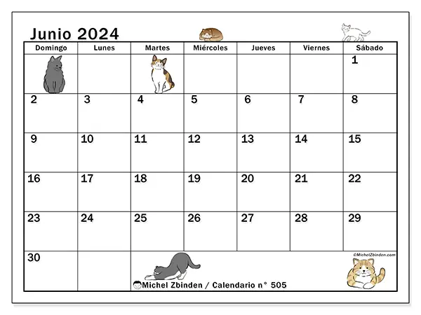 Calendario n.° 505 para junio de 2024 para imprimir gratis. Semana: De domingo a sábado.