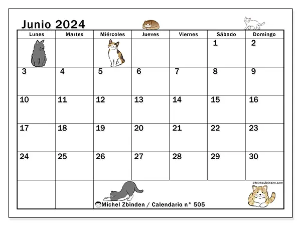 Calendario n.° 505 para imprimir gratis, junio 2025. Semana:  De lunes a domingo