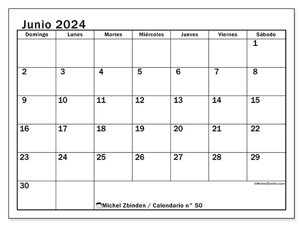 Calendario n.° 50 para junio de 2024 para imprimir gratis. Semana: De domingo a sábado.