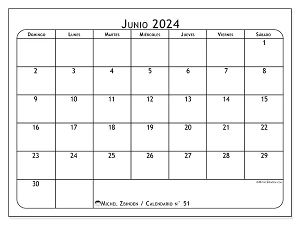 Calendario n.° 51 para junio de 2024 para imprimir gratis. Semana: De domingo a sábado.