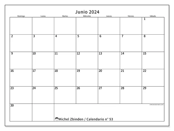Calendario n.° 53 para junio de 2024 para imprimir gratis. Semana: De domingo a sábado.