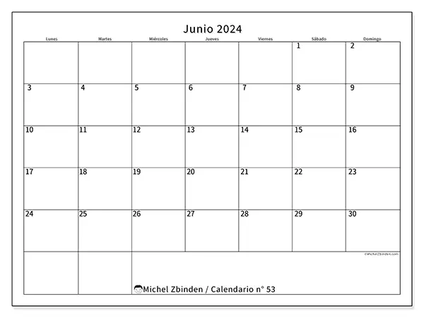 Calendario n.° 53 para imprimir gratis, junio 2025. Semana:  De lunes a domingo