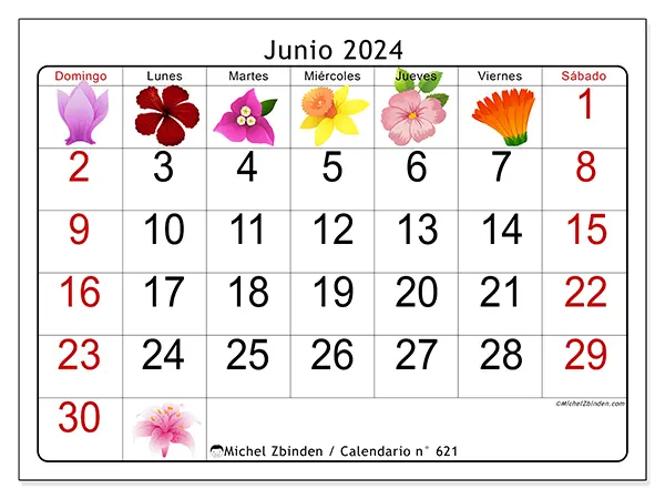 Calendario n.° 621 para junio de 2024 para imprimir gratis. Semana: De domingo a sábado.