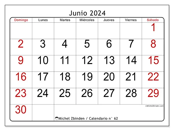 Calendario n.° 62 para junio de 2024 para imprimir gratis. Semana: De domingo a sábado.