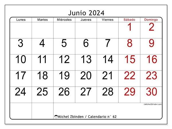 Calendario para imprimir n° 62, junio de 2024