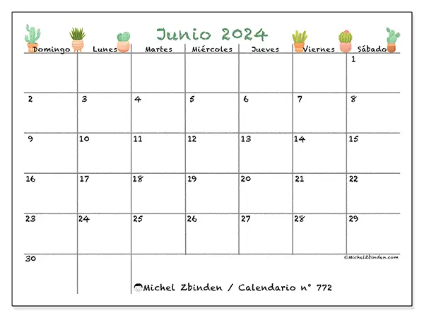 Calendario n.° 772 para junio de 2024 para imprimir gratis. Semana: De domingo a sábado.
