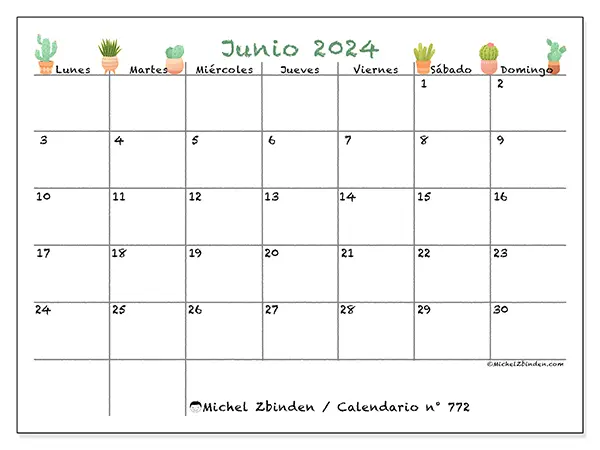 Calendario n.° 772 para junio de 2024 para imprimir gratis. Semana: De lunes a domingo.