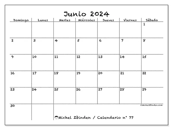 Calendario n.° 77 para junio de 2024 para imprimir gratis. Semana: De domingo a sábado.