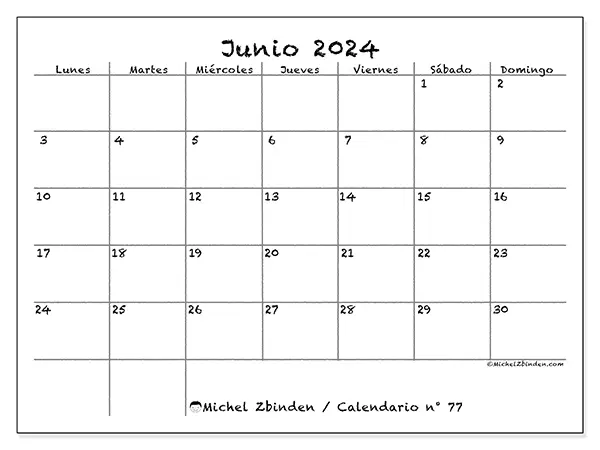 Calendario para imprimir n° 77, junio de 2024