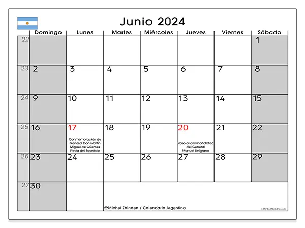Calendario Argentina para imprimir gratis de junio de 2024. Semana: De domingo a sábado.