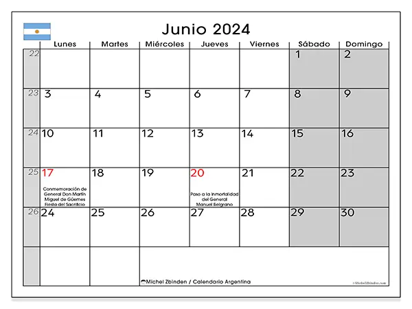 Calendario de Argentina para imprimir gratis, junio 2025. Semana:  De lunes a domingo