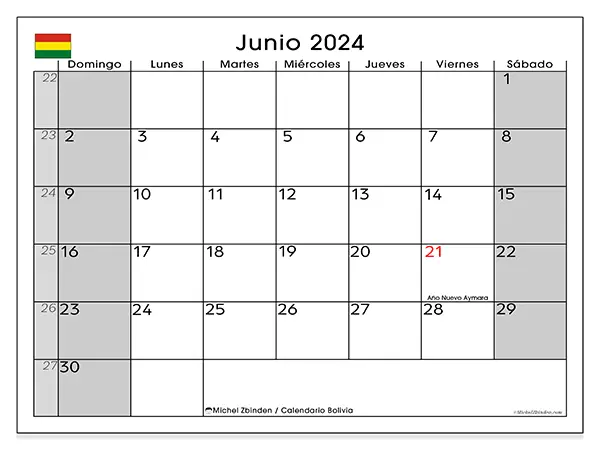 Calendario Bolivia para imprimir gratis de junio de 2024. Semana: De domingo a sábado.