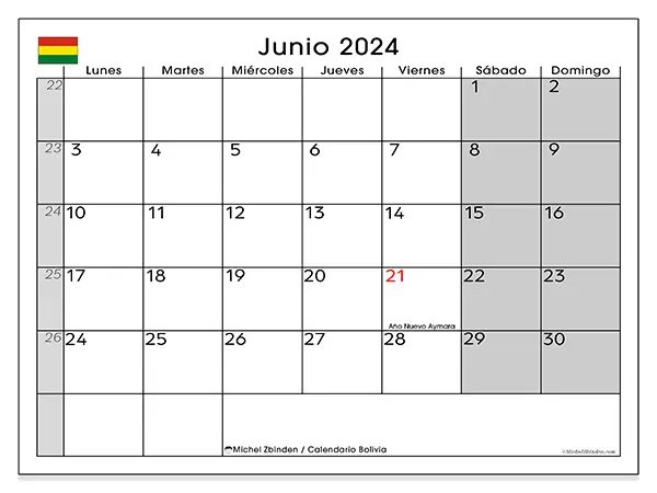 Calendario de Bolivia para imprimir gratis, junio 2025. Semana:  De lunes a domingo