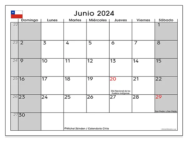 Calendario Chile para imprimir gratis de junio de 2024. Semana: De domingo a sábado.