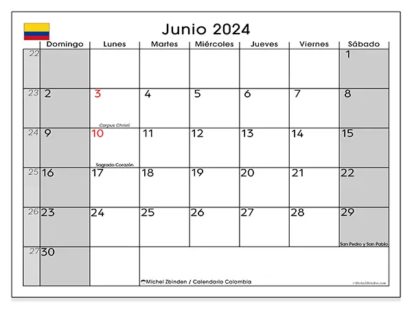 Calendario para imprimir Colombia, junio de 2024