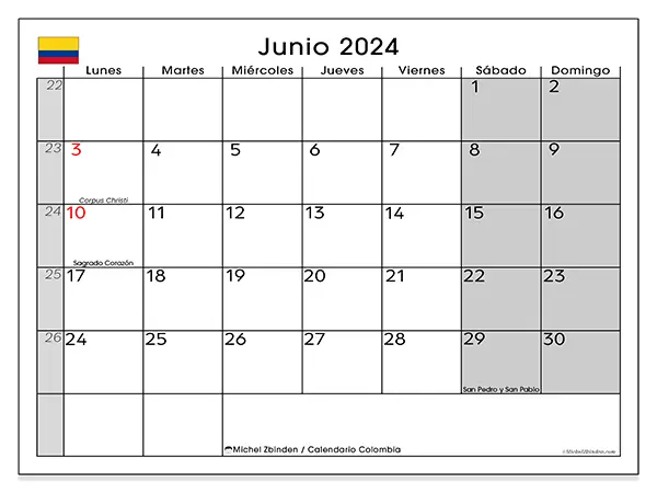 Calendario de Colombia para imprimir gratis, junio 2025. Semana:  De lunes a domingo