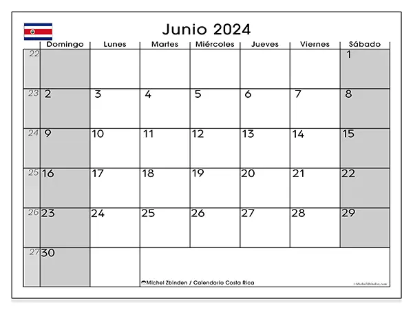 Calendario Costa Rica para imprimir gratis de junio de 2024. Semana: De domingo a sábado.