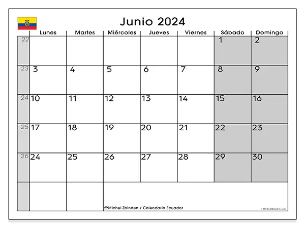 Calendario Ecuador para imprimir gratis de junio de 2024. Semana: De lunes a domingo.