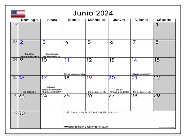 Calendario Estados Unidos para imprimir gratis de junio de 2024. Semana: De domingo a sábado.