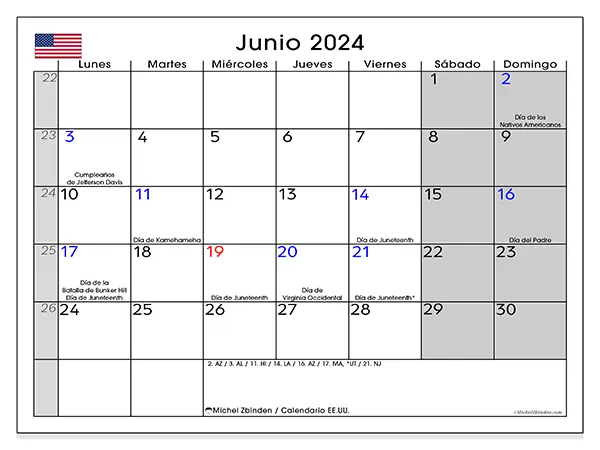 Calendario Estados Unidos para imprimir gratis de junio de 2024. Semana: De lunes a domingo.