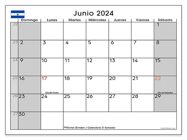 Calendario El Salvador para imprimir gratis de junio de 2024. Semana: De domingo a sábado.