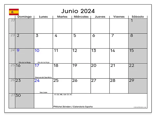 Calendario España para imprimir gratis de junio de 2024. Semana: De domingo a sábado.