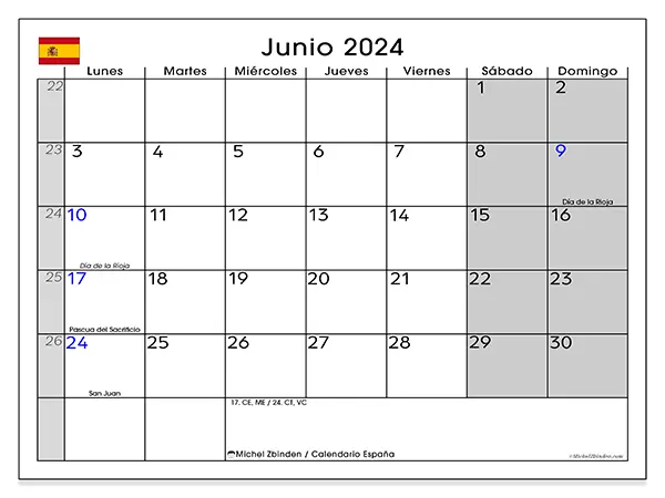 Calendario España para imprimir gratis de junio de 2024. Semana: De lunes a domingo.