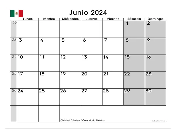 Calendario México para imprimir gratis de junio de 2024. Semana: De lunes a domingo.