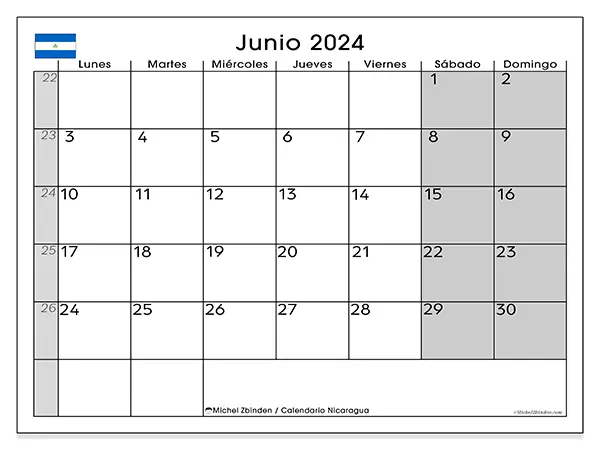Calendario Nicaragua para imprimir gratis de junio de 2024. Semana: De lunes a domingo.