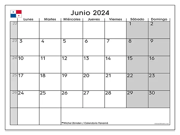 Calendario Panamá para imprimir gratis de junio de 2024. Semana: De lunes a domingo.