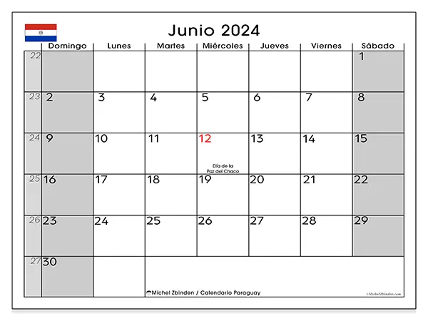 Calendario Paraguay para imprimir gratis de junio de 2024. Semana: De domingo a sábado.