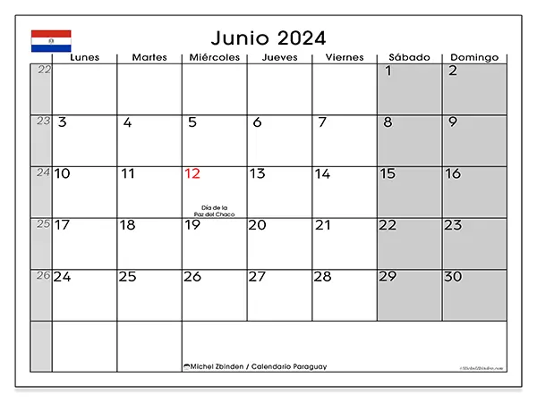 Calendario Paraguay para imprimir gratis de junio de 2024. Semana: De lunes a domingo.