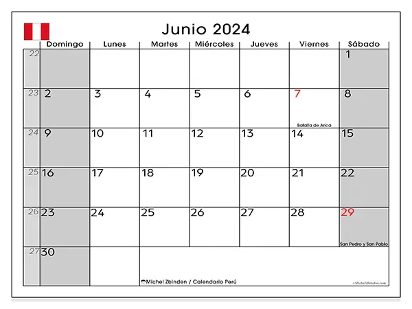 Calendario Perú para imprimir gratis de junio de 2024. Semana: De domingo a sábado.